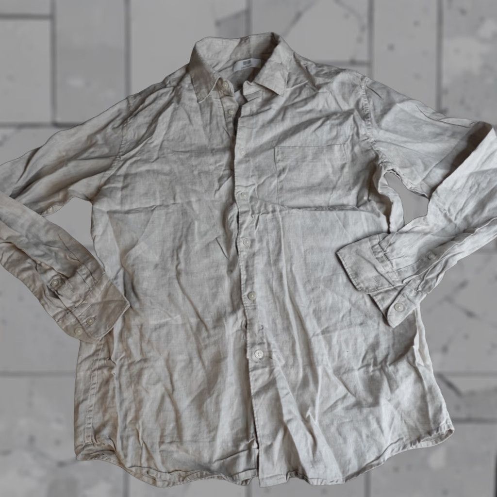 Uniqlo Uniqlo Shirt Long Sleeve Beige Solid Men L Linen Button-Up Casual Size US L / EU 52-54 / 3 - 1 Thumbnail