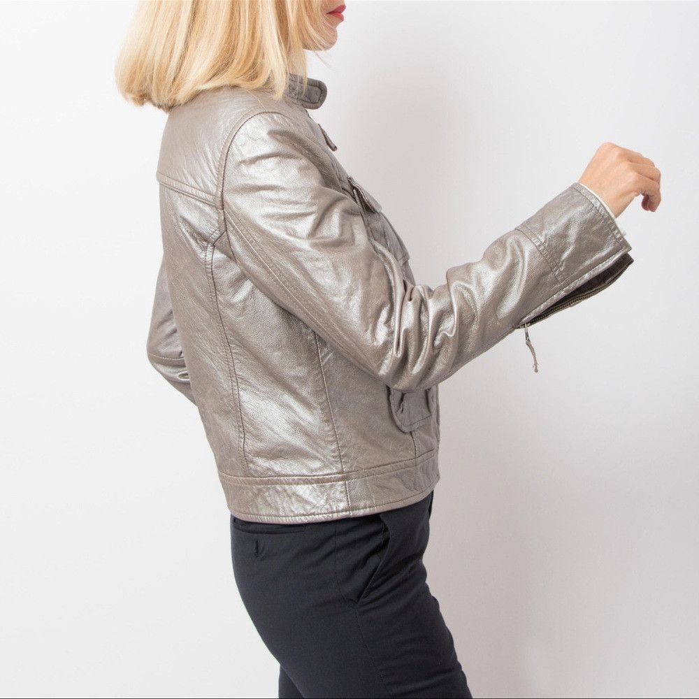 BODEN Vintage 90s Y2K Silver Metallic Leather Jacket Racing