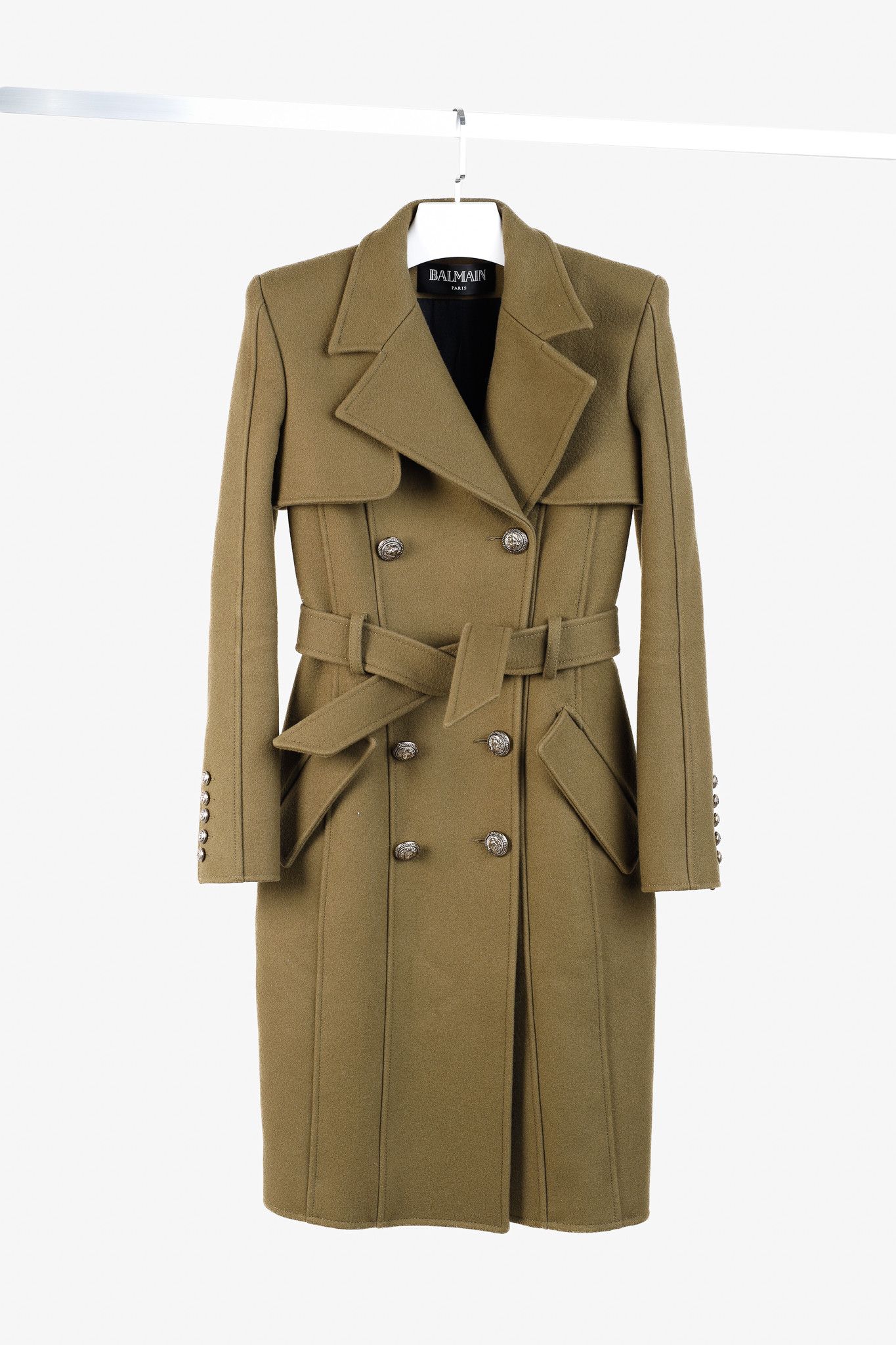 Balmain Balmain PF/14 Green Belted Double-Breasted Wool Trench Coat Size S / US 4 / IT 40 - 1 Thumbnail