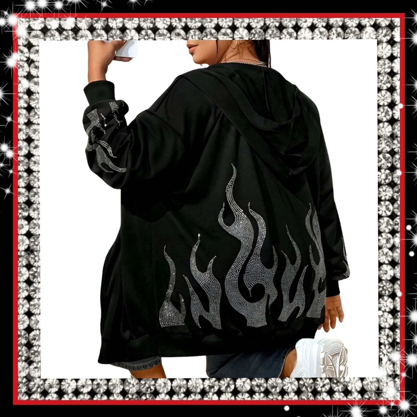 Shein FLAMES ☆ RHINESTONE ACCENT ☆ BLACK OVERSIZED HOODIE 4x ☆ NWT Size 4XL / US 24-26 - 1 Thumbnail