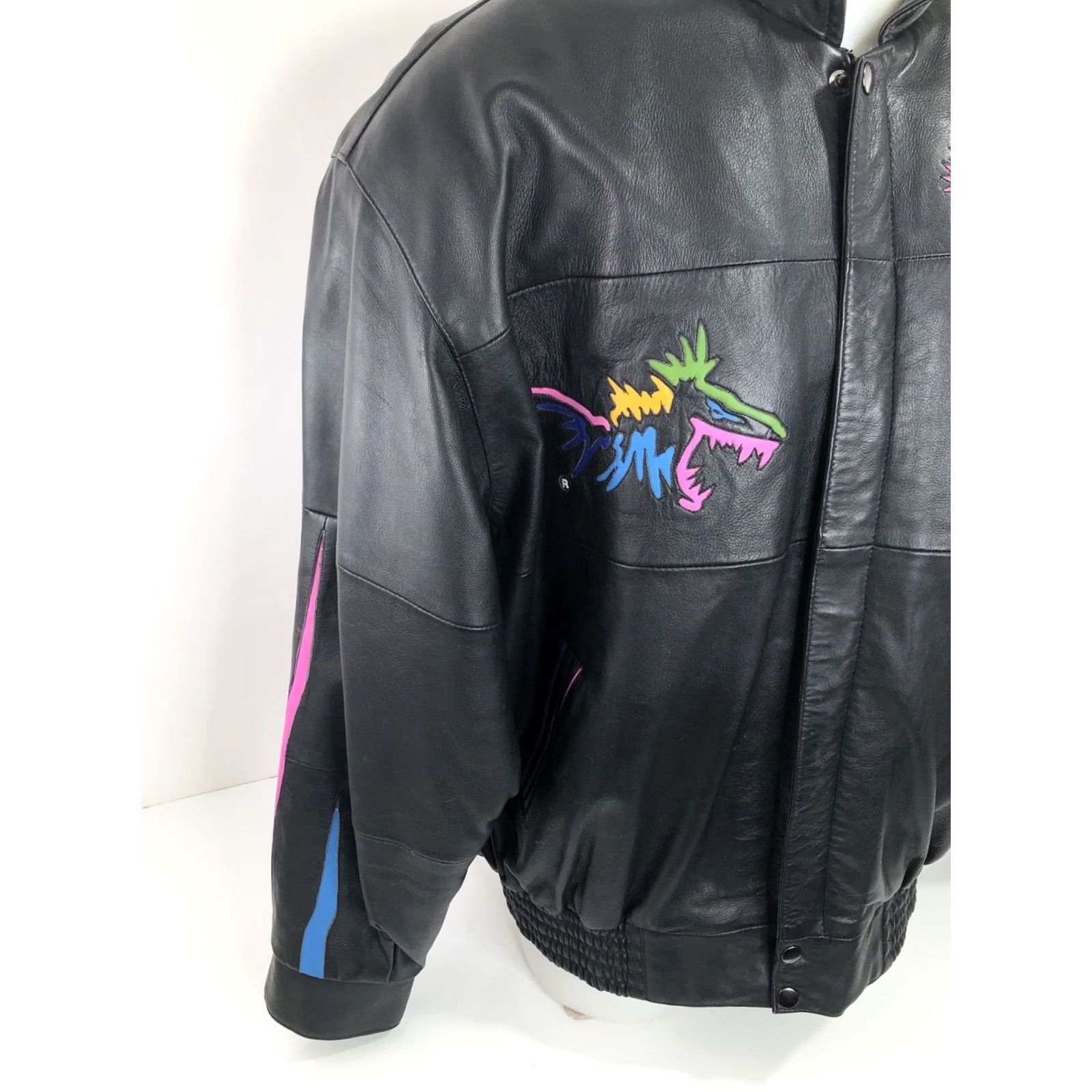 Vintage NITRO FISH Leather Bomber Jacket Mens XL Shoulder Pads Black 90s Fish Theme Vintage EXCELLENT Size US XL / EU 56 / 4 - 4 Thumbnail