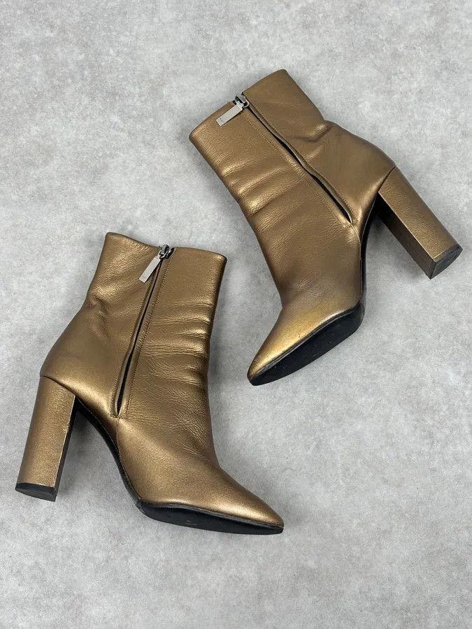 Saint Laurent Paris Saint Laurent Gold Leather Ruched Block Heel Bootie Size US 8 / IT 38 - 2 Thumbnail