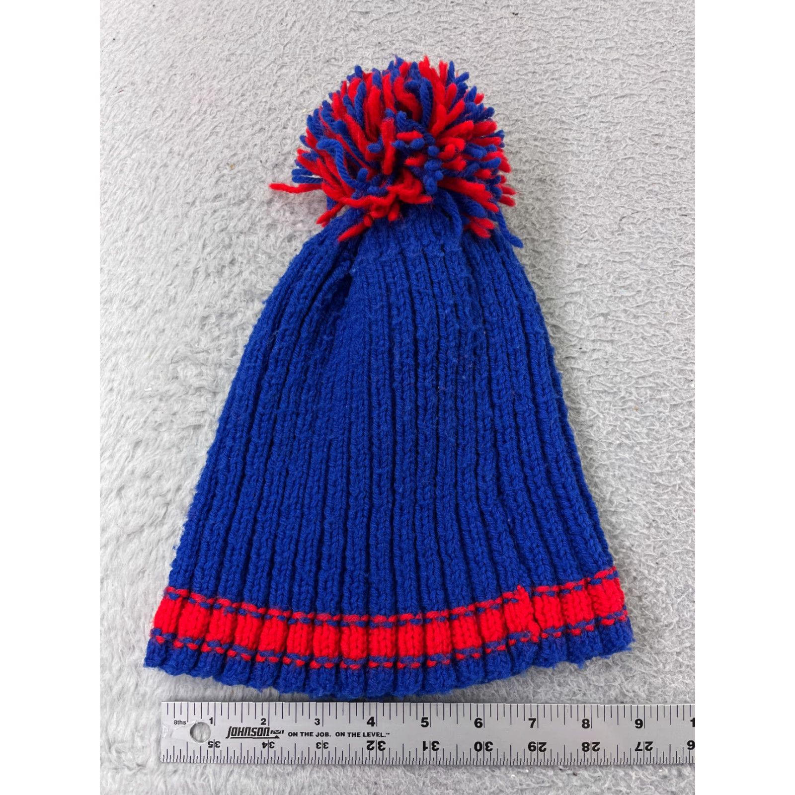 Vintage Beanie Toque Adult One Size Blue Red Knit Snow Ski Polyester Blend Pom Size ONE SIZE - 3 Thumbnail