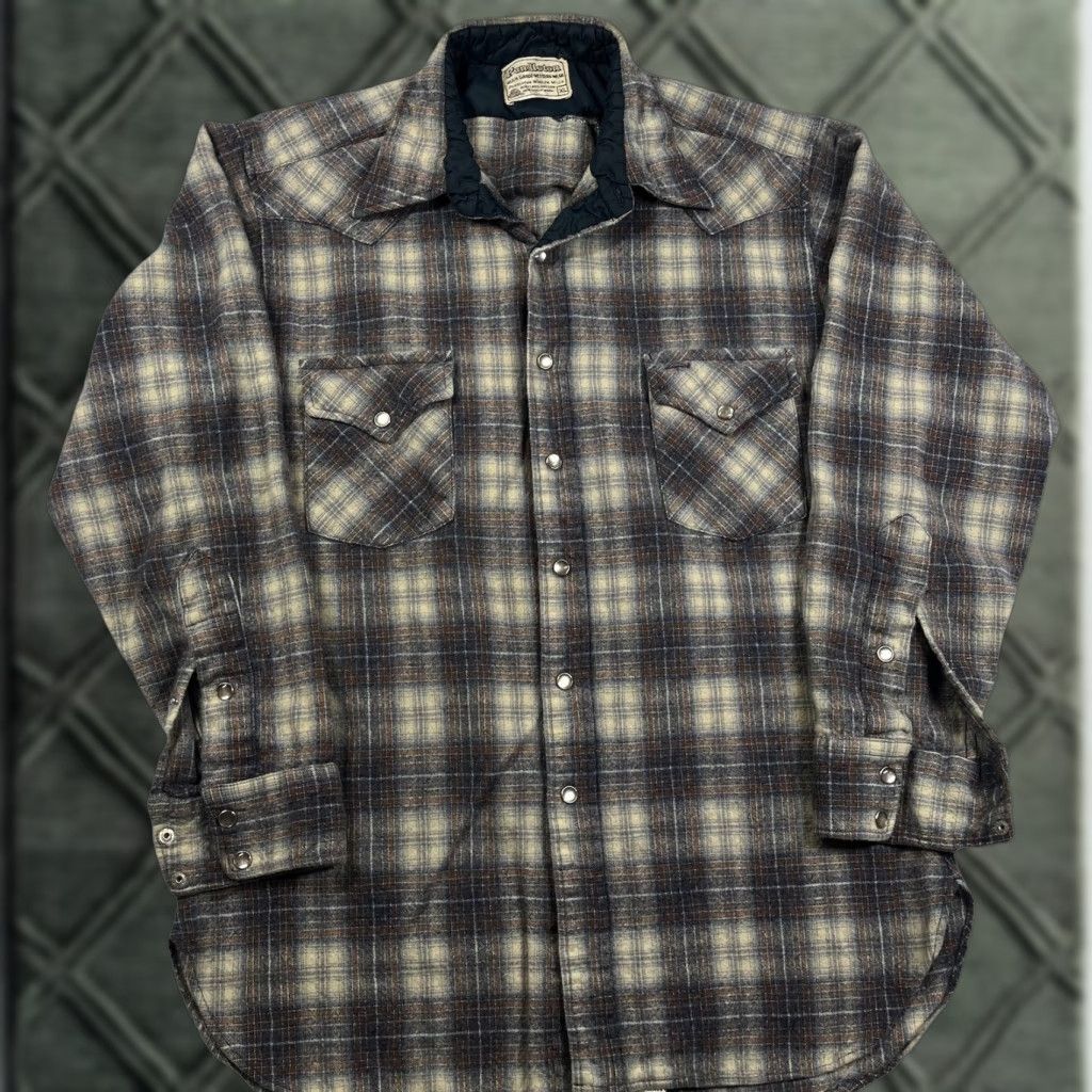 Pendleton VINTAGE Pendleton Western Wear SHIRT Pearl Snap BUTTON Plaid XL Brown Wool Classic Cowboy Western Mens Size US XL / EU 56 / 4 - 1 Thumbnail