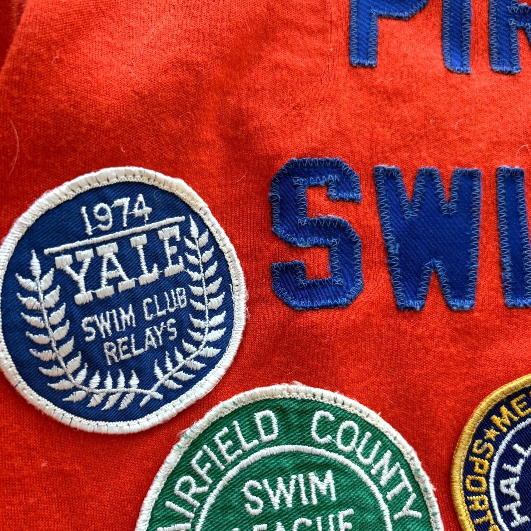 Swims VINTAGE Piranha Swim Club Team Varsity Jacket Yale HOF Patch Covered M Orange 1970's Men Size US M / EU 48-50 / 2 - 4 Thumbnail