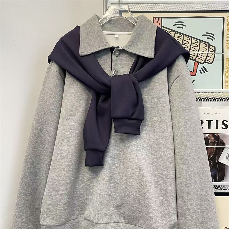 Vintage Grey & Navy Fake Two-Piece Polo Sweatshirt Size US M / EU 48-50 / 2 - 1 Thumbnail