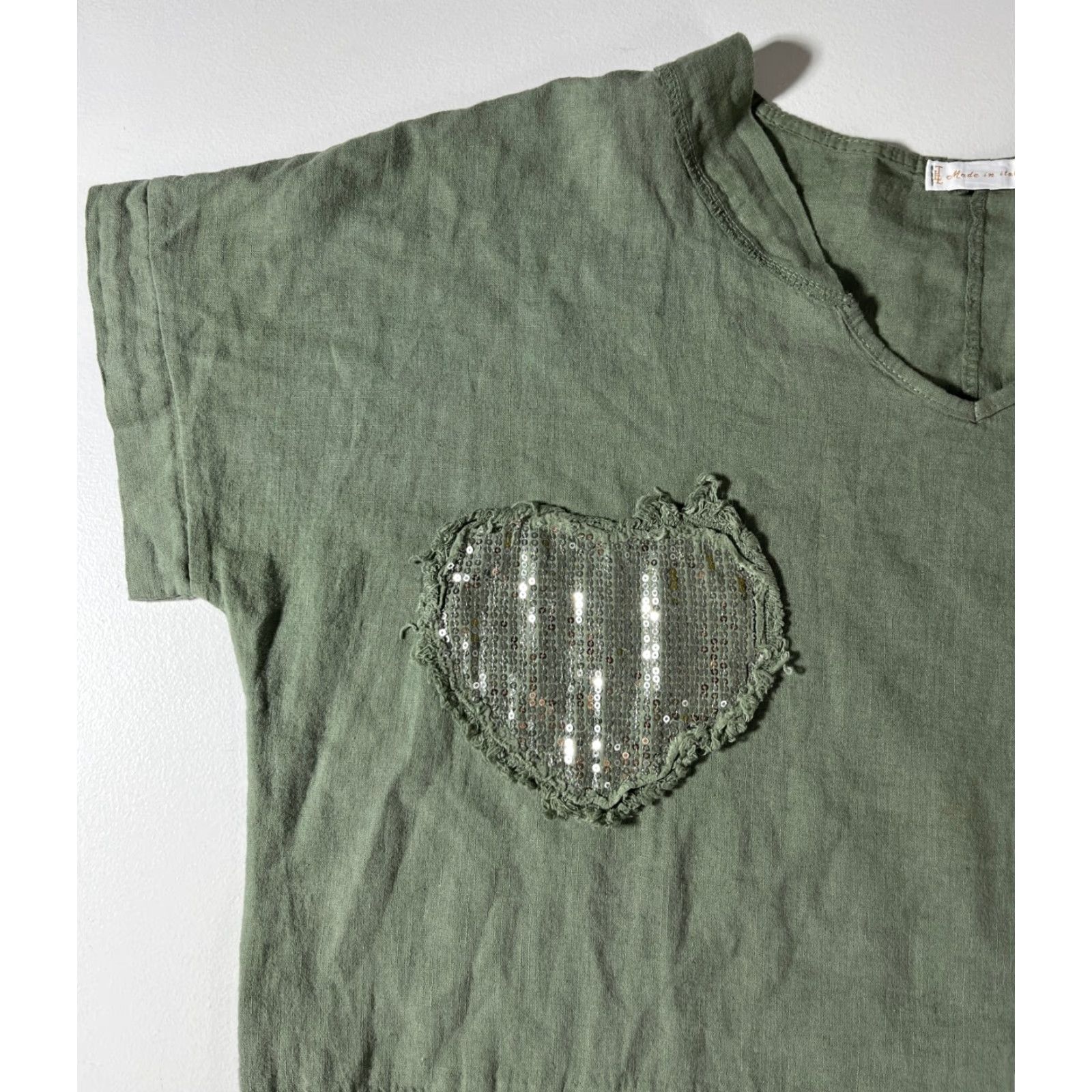 Vintage VINTAGE The Lino Lounge Women's Sleeveless Top Blouse One Size Green Bohemian Linen Blend Italy Heart Patch Size ONE SIZE - 5 Thumbnail