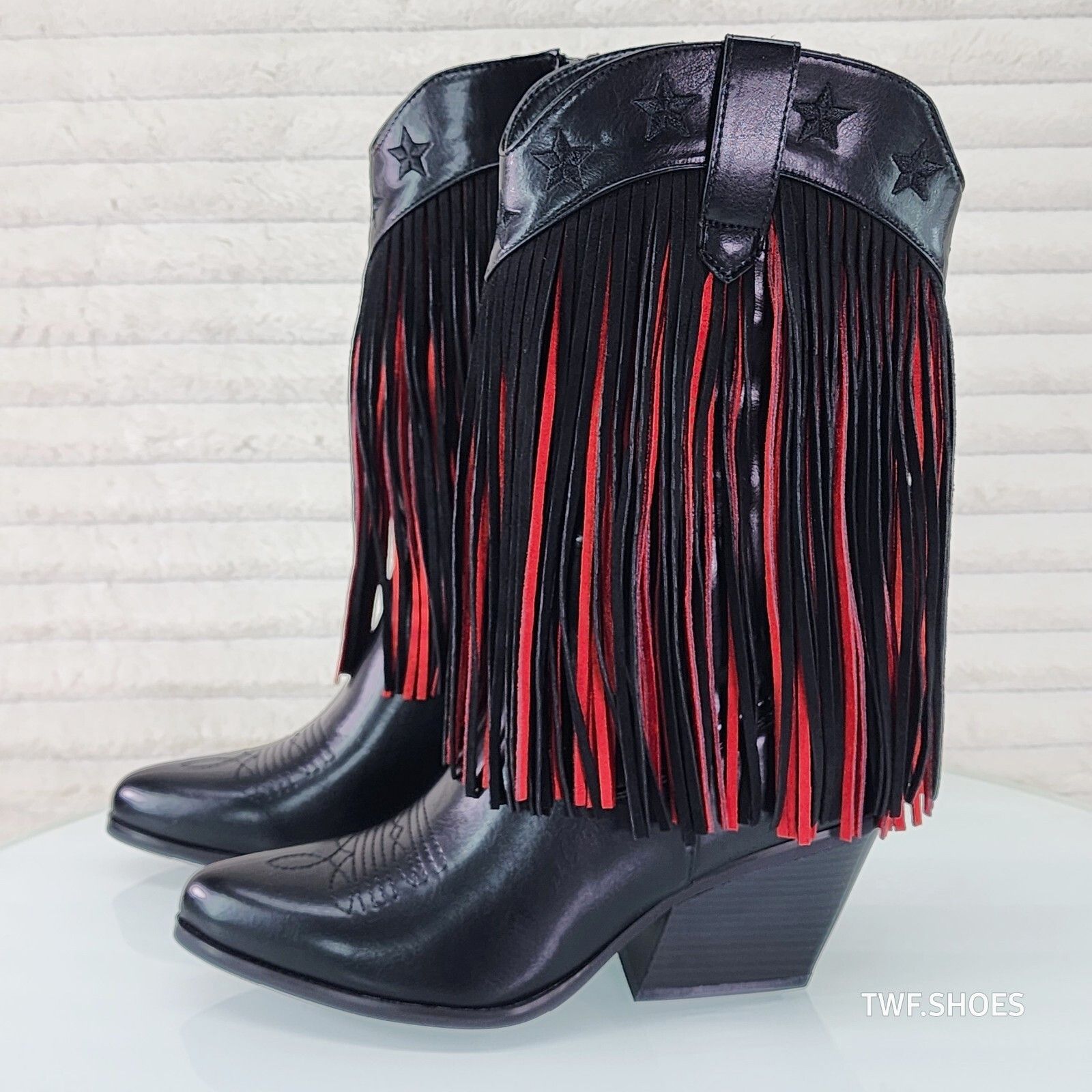 Other Country Swing Black and Red Fringe Western Cowgirl Boots Tuc Size US 8 / IT 38 - 2 Thumbnail