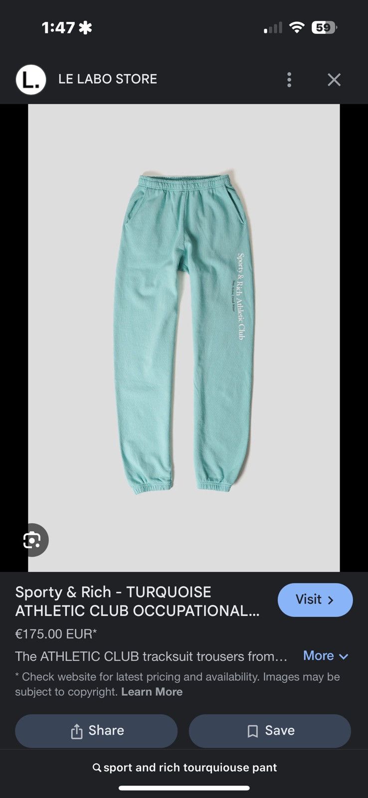 Sporty & Rich × Vintage ATHLETIC CLUB TURQUOISE SWEATPANTS SPORTY & RICH Size US 32 / EU 48 - 5 Thumbnail