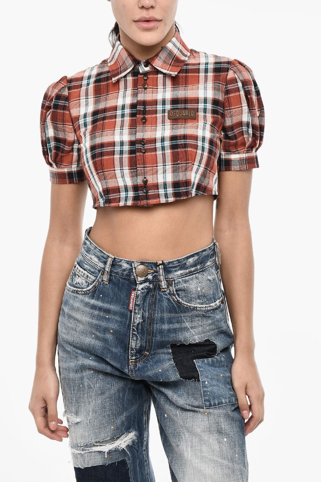 Dsquared2 Checked Crop Blouse with Leather Logo Size M / US 6-8 / IT 42-44 - 1 Thumbnail