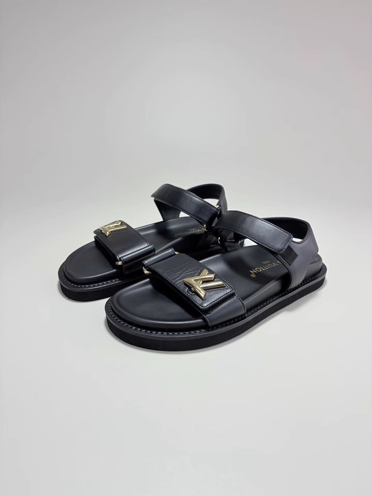 Louis Vuitton LOUIS VUITTON LV SUNSET Black & Gold Logo Velcro Sandals K1 Size US 7 / IT 37 - 1 Thumbnail