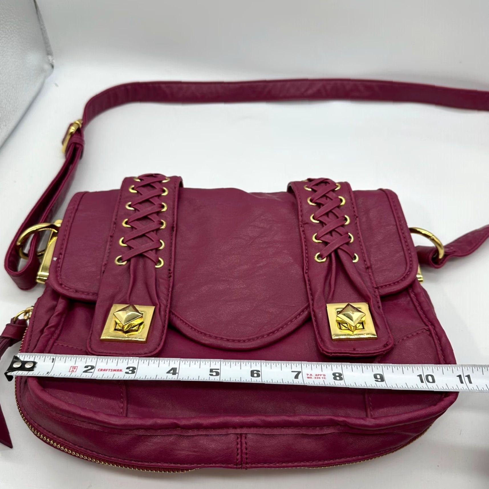 Vintage RJ Womens Crossbody Bag Purse Pink Magenta Gold Laced Faux Leather Fold Over Crossbody Size ONE SIZE - 3 Thumbnail