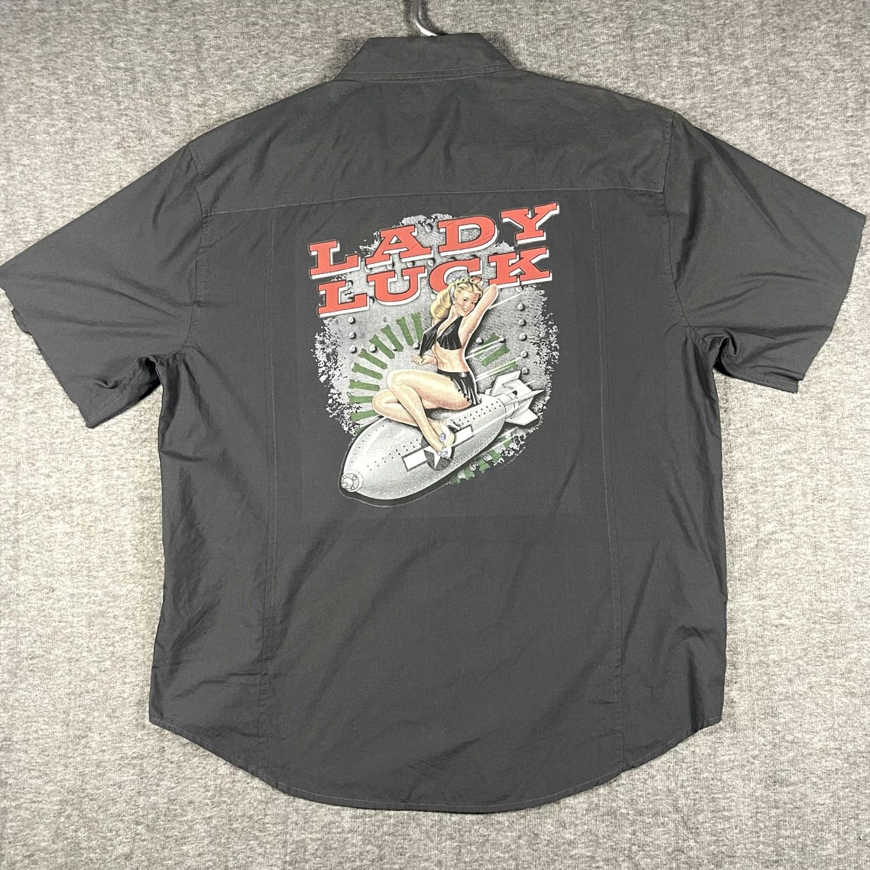 Vintage Bruno Lady Luck Pin-Up Work Shirt Mens XL Charcoal Short Sleeve Button Up Graphic Size US XL / EU 56 / 4 - 3 Thumbnail