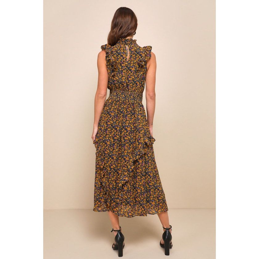 Other Lulus Evalina Mustard Floral Print Mock Neck Midi Dress Size S / US 4 / IT 40 - 4 Thumbnail