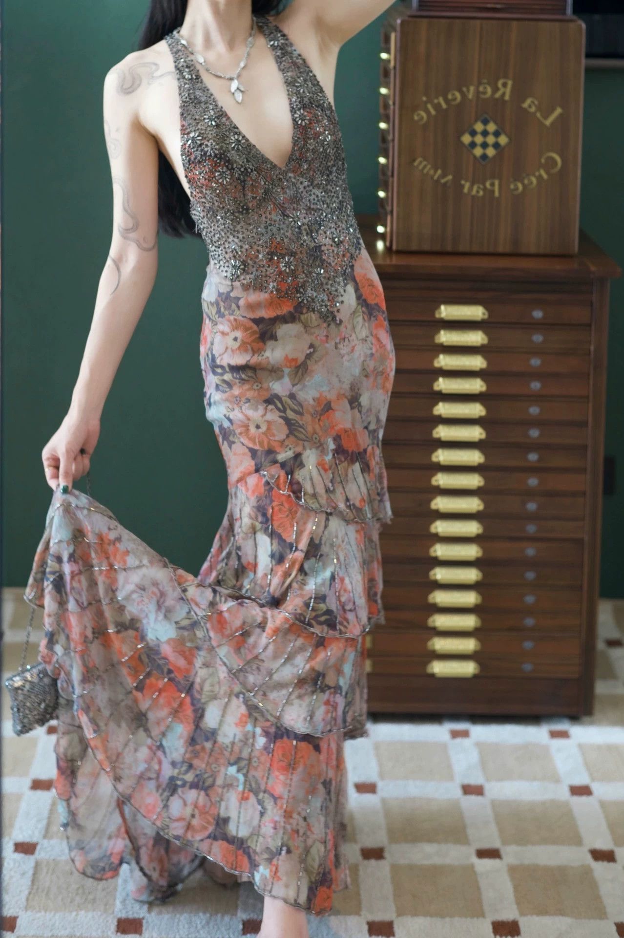 Other Vintage Silk Oil-Painting Beaded Cross-Back Layered Dress Size M / US 6-8 / IT 42-44 - 2 Thumbnail