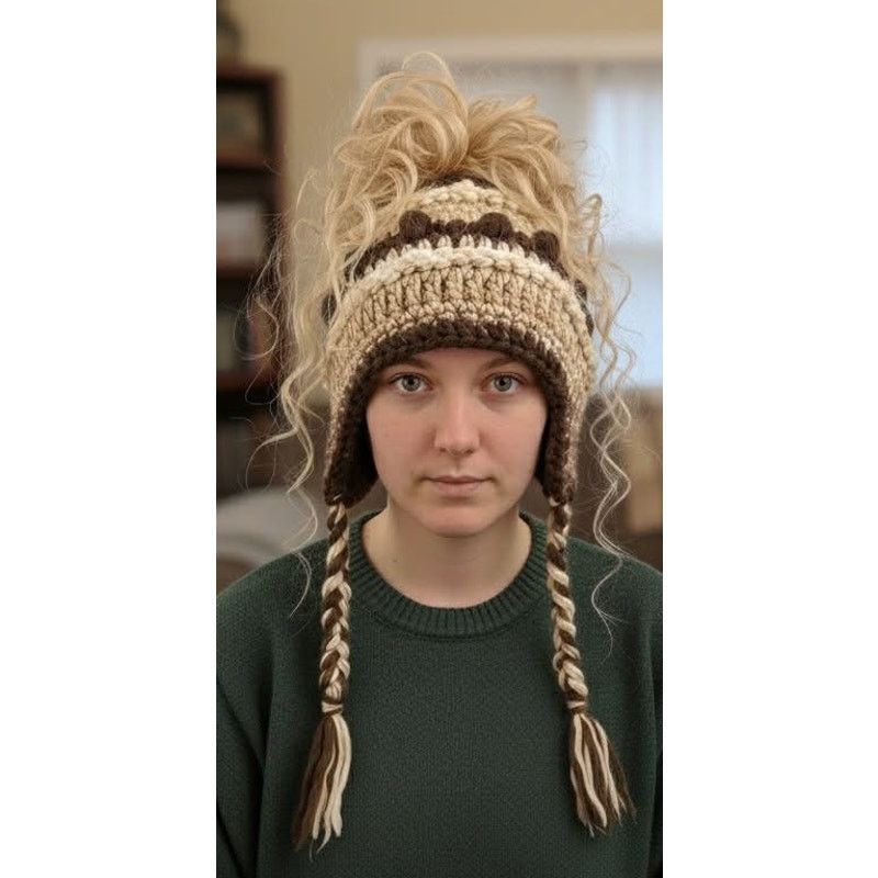 Other Handmade Crochet Messy Bun Hat Beanie Braided Tassels Brown Size ONE SIZE - 2 Thumbnail