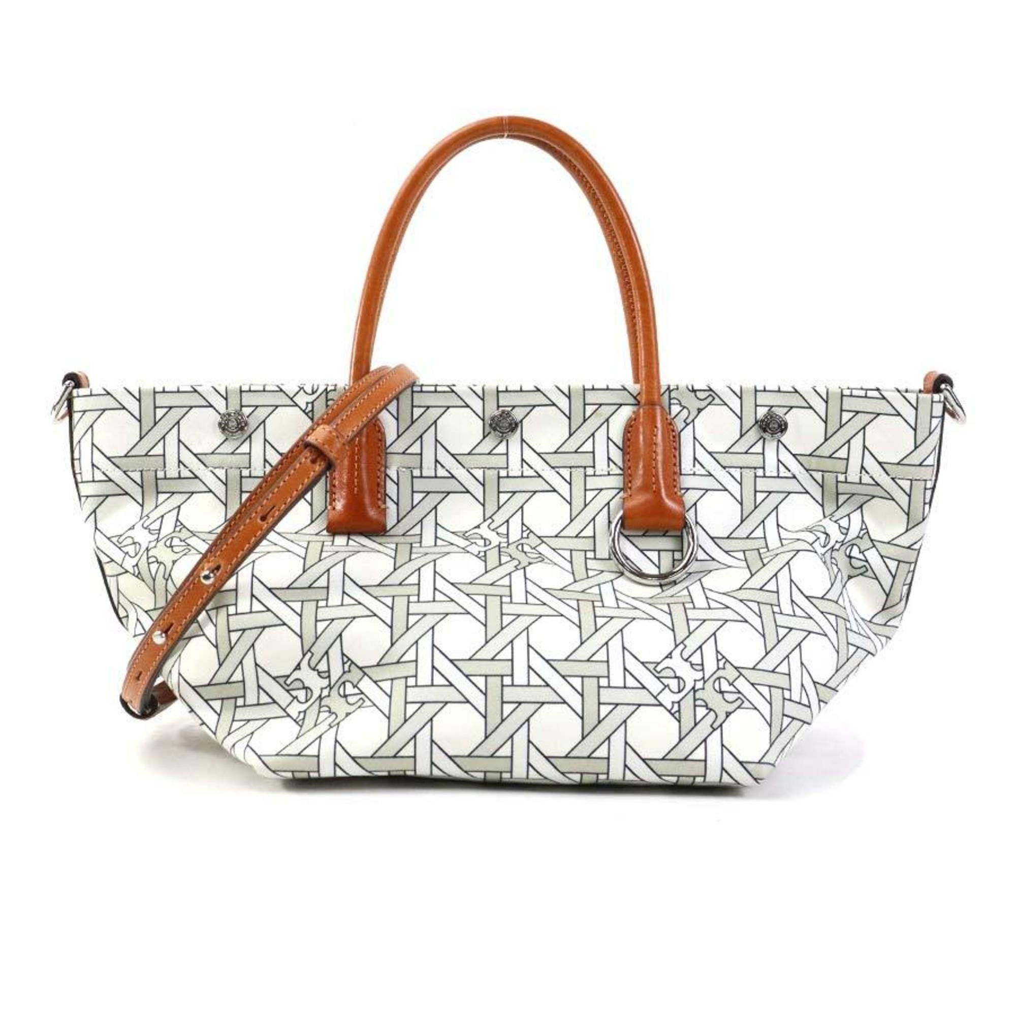 Tory Burch Handbag Shoulder Bag Nylon Canvas Leather White X Brown Women's 56092A