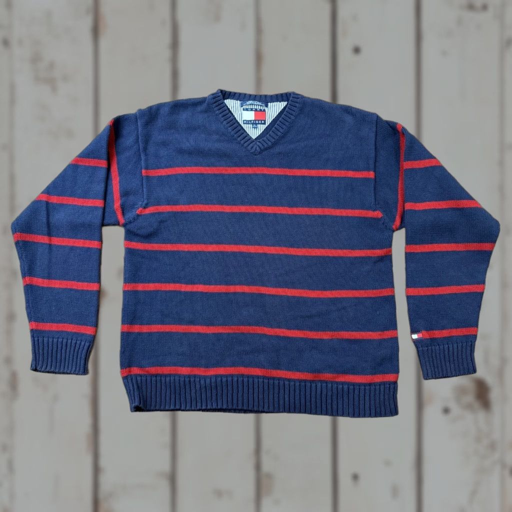 Tommy Hilfiger VINTAGE Tommy Hilfiger Sweater Mens XL Blue Red Striped Knit Pullover V-Neck Logo Pullover Knit Size US XL / EU 56 / 4 - 1 Thumbnail