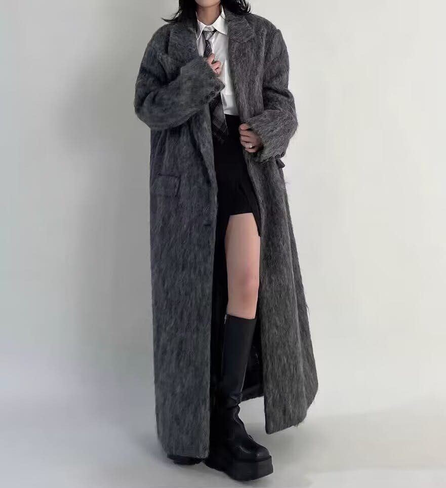 image of Vintage Retro Korean Style Gray Extended Woolen Coat in Grey, Women's (Size Medium)