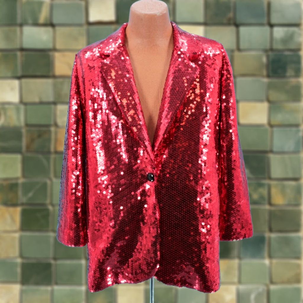 Vintage VINTAGE 70s Sequin Jacket Blazer Red M 1970s Mens City? Size 40R - 1 Thumbnail