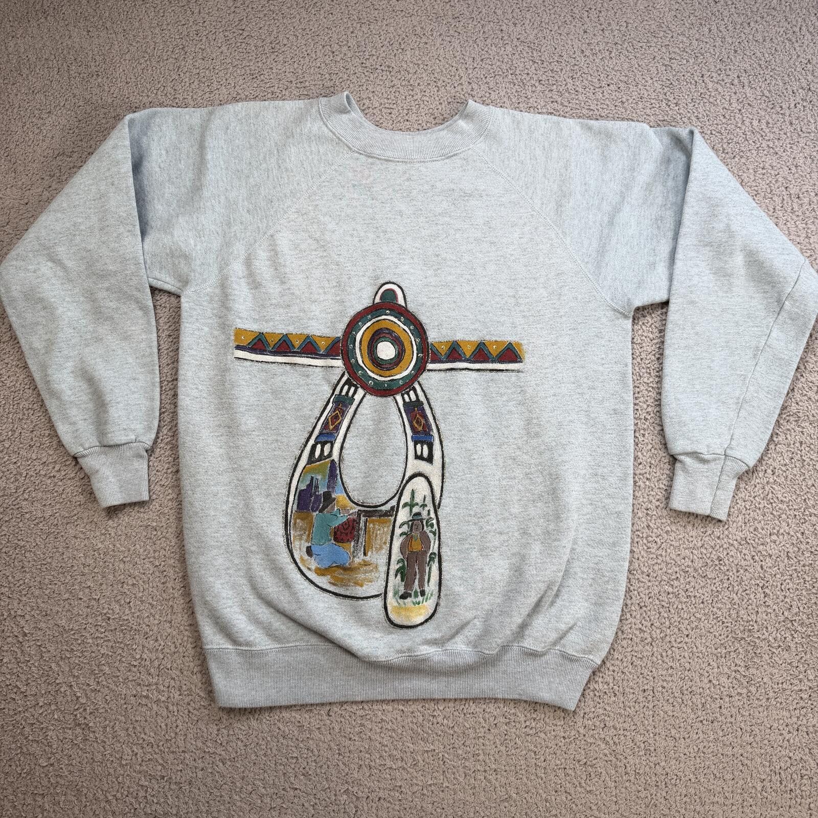 Hanes Vintage 90s Hand Painted Southwestern Folk Art Sweatshirt L Size L / US 10 / IT 46 - 1 Thumbnail