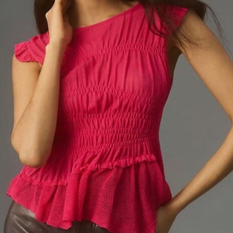 Anthropologie By Anthropologie Sheer Ruffled Hot Pink Sweater Top Small Size S / US 4 / IT 40 - 8 Thumbnail