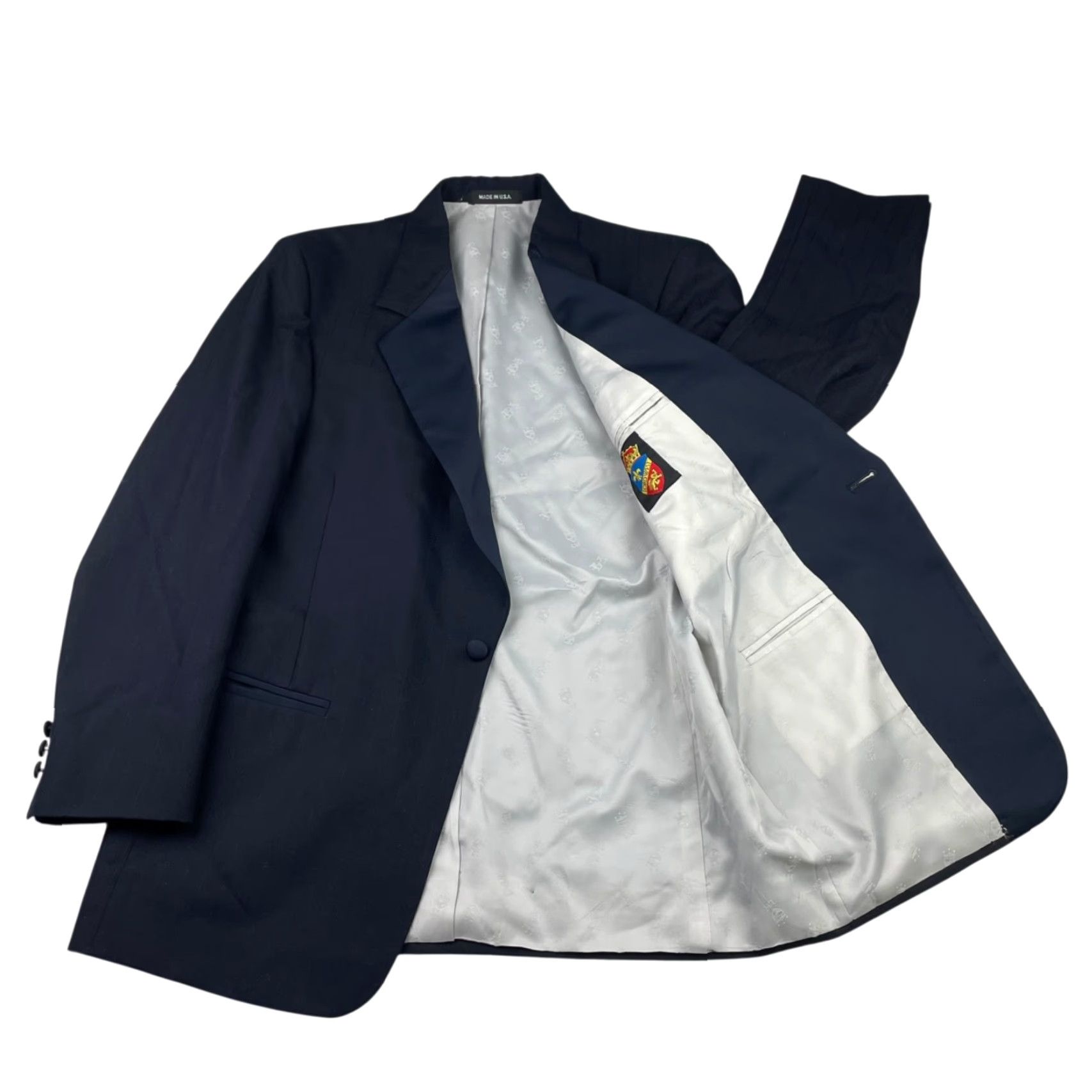 Vintage VINTAGE Lord West Tuxedo Suit Navy Blue 2 Piece Mens 42R Jacket 1-Button Pants 32x30 Wool Satin Peak Lapel US Size 42R - 3 Thumbnail