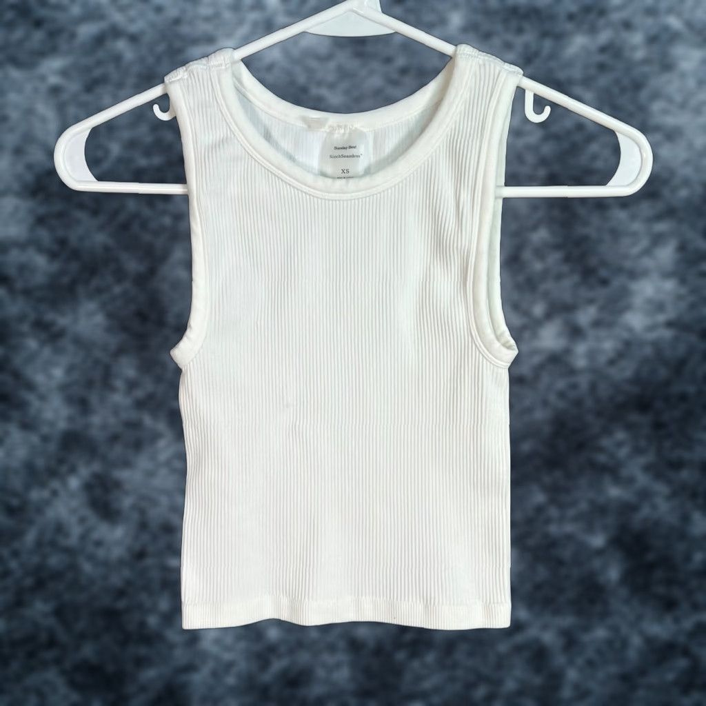 Vintage Sunday Best Tank Womens XS White Sleeveless Seamless Cropped Cotton Elastane Shirt? Size XS / US 0-2 / IT 36-38 - 1 Thumbnail