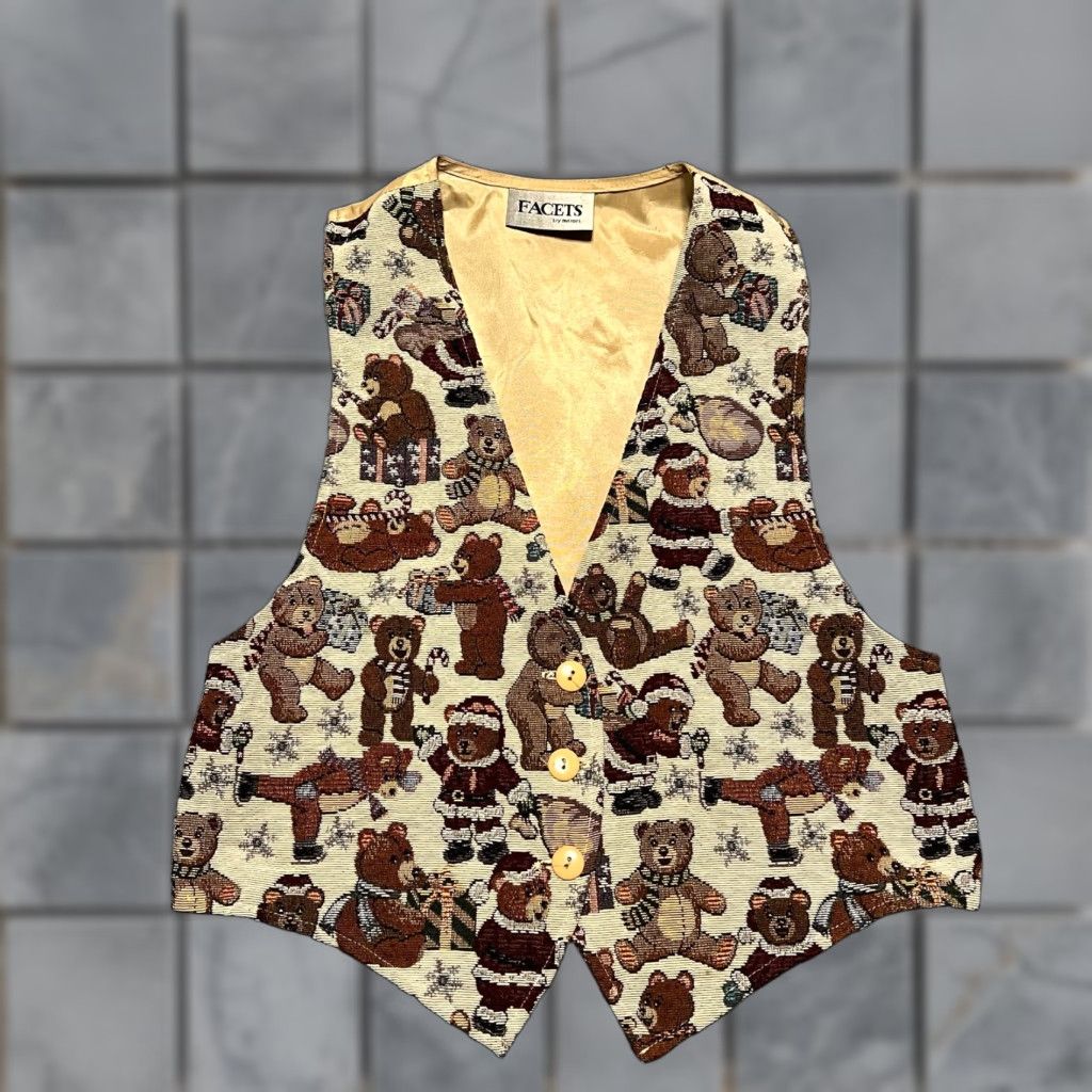 Vintage VINTAGE Facets by Mirrors Teddy Bear Vest Medium Regular Women Tie Back 90's Cosplay Brown Tapestry Cottage Granny Y2K Suit Vest M Vest Women Brown Size M / US 6-8 / IT 42-44 - 1 Thumbnail
