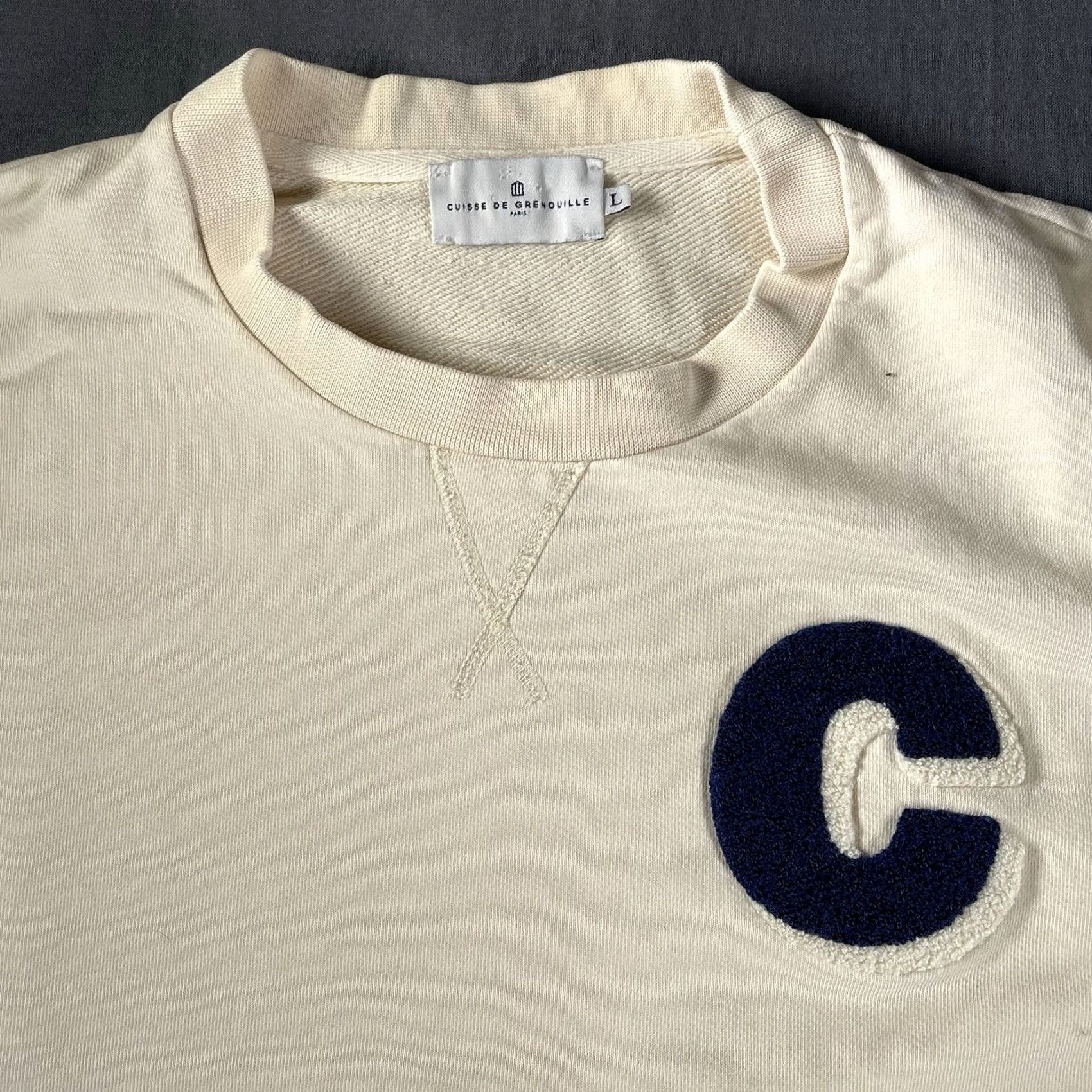 Cuisse de Grenouille VINTAGE Cuisse de Grenouille Pullover Mens Large Beige Paris Patch Sweater Knit Cotton Size US L / EU 52-54 / 3 - 2 Thumbnail