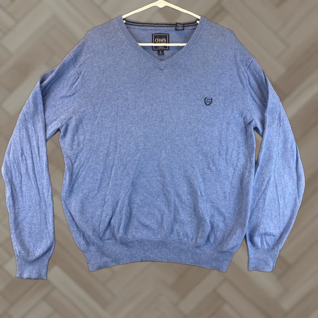 Chaps CHAPS Sweater Mens Large V-Neck Pullover Long Sleeve Plaid Blue Cashmere Cotton Blend Regular Knit Logo - 66-1 Size US L / EU 52-54 / 3 - 1 Thumbnail
