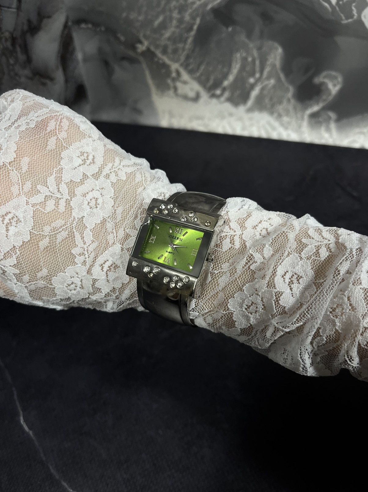 Jewelry Green Dial Square Watch, Rhinestone Accents Size ONE SIZE - 1 Thumbnail