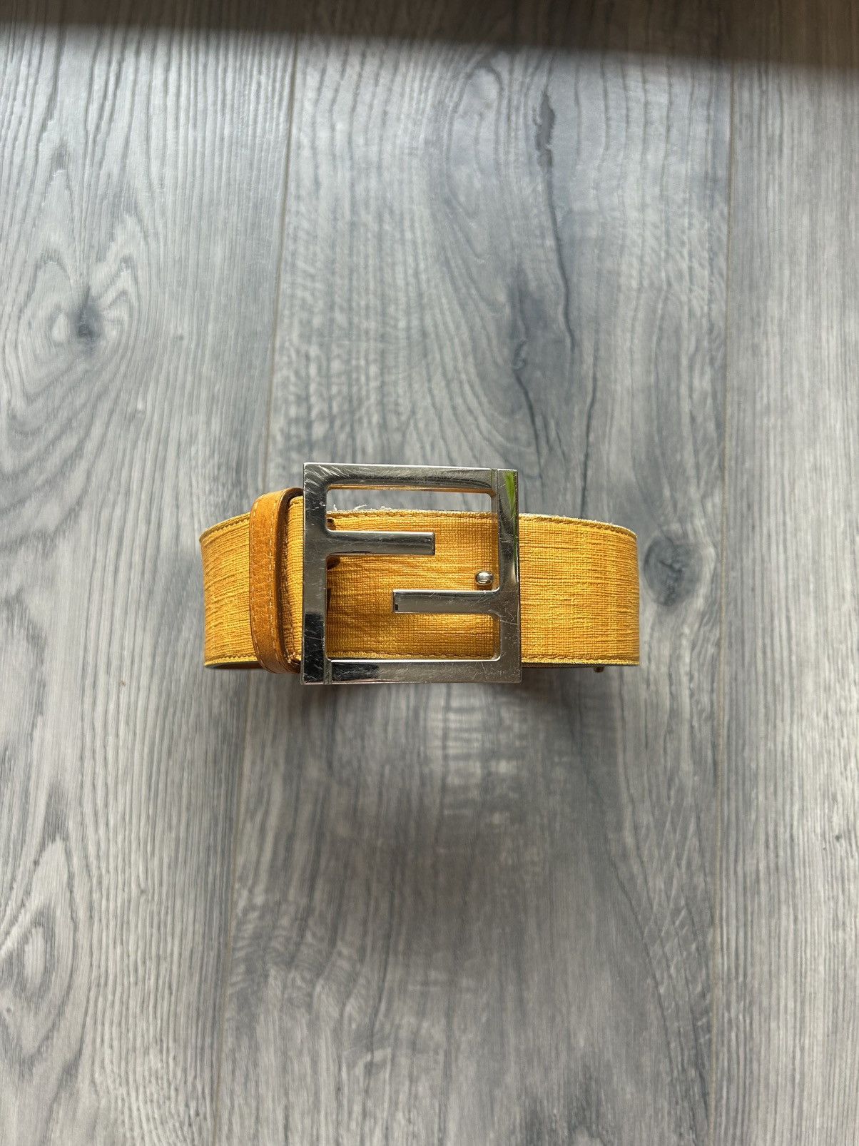 Fendi Fendi Yellow Textured Leather Belt with Silver FF Buckle Size 38 - 1 Thumbnail