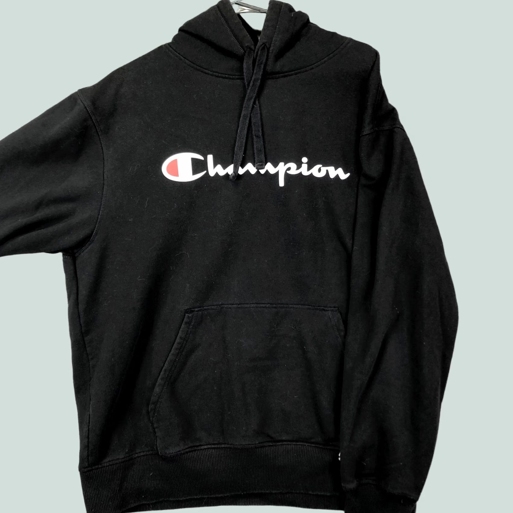 Champion Hoodie Mens L Black Script Logo Fleece Pullover Sweatshirt Kangaroo, Men's