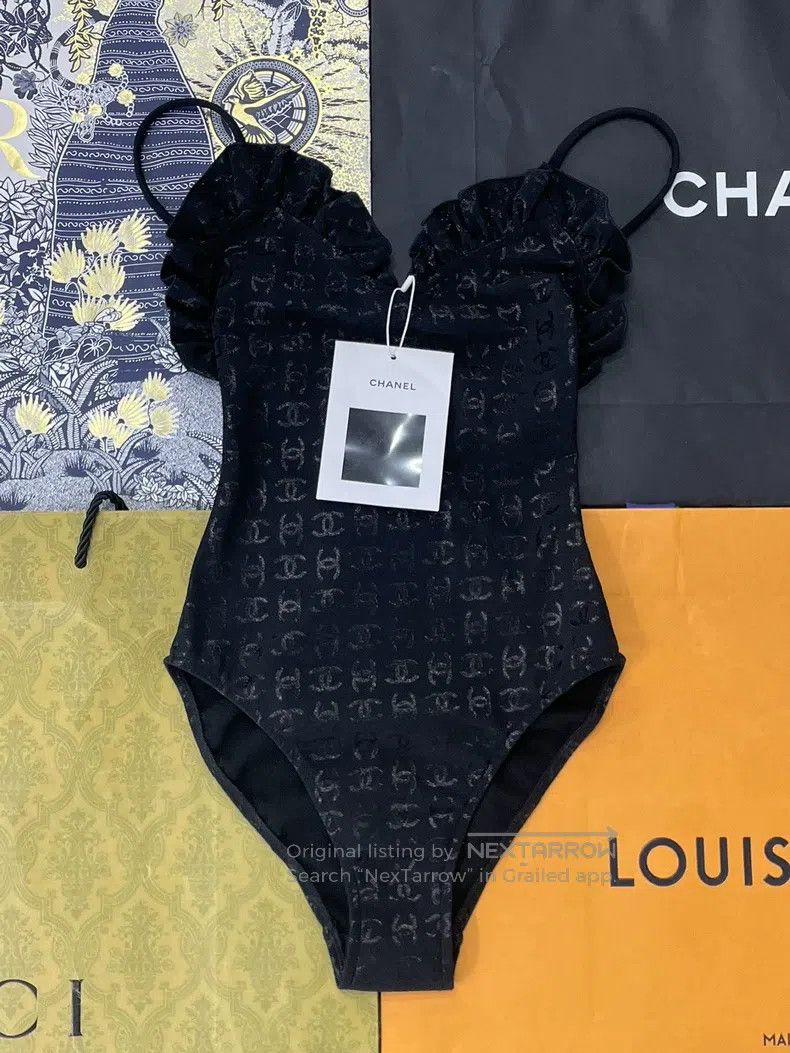 Chanel Chanel Black lace dark pattern full logo swimsuit Size 42" / US 20 - 1 Thumbnail