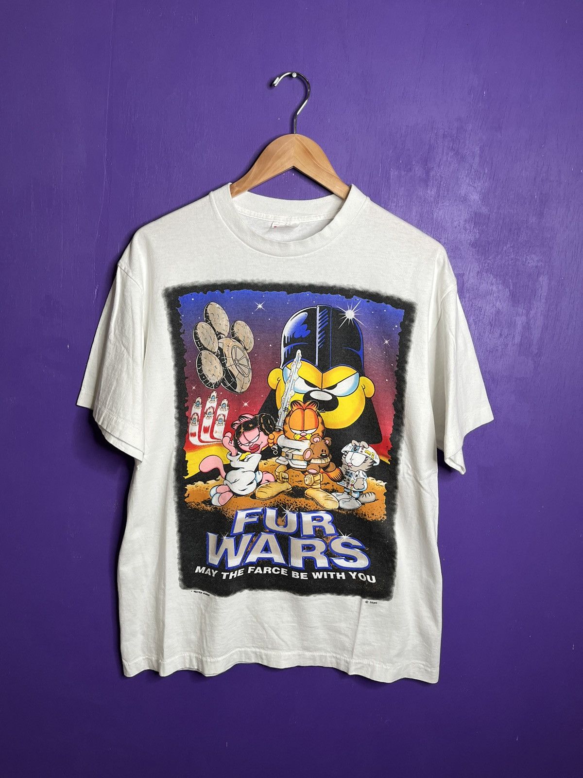 image of Vintage 90's Garfield Fur Wars Star Wars Parody T-Shirt in White, Men's (Size Large)