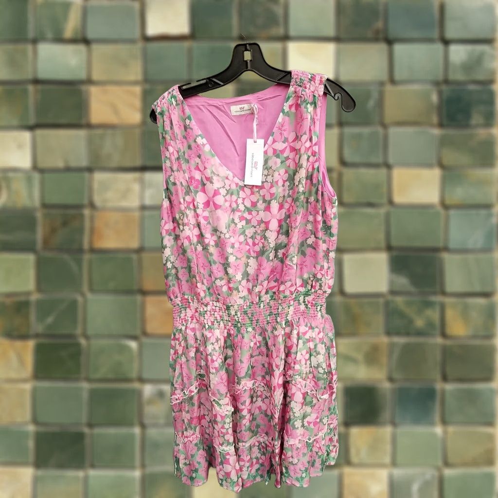 Vineyard Vines VINEYARD VINES Mini Dress Daisy Print V-Neck Smocked Sleeveless Pink XS Women Short New Size XS / US 0-2 / IT 36-38 - 1 Thumbnail