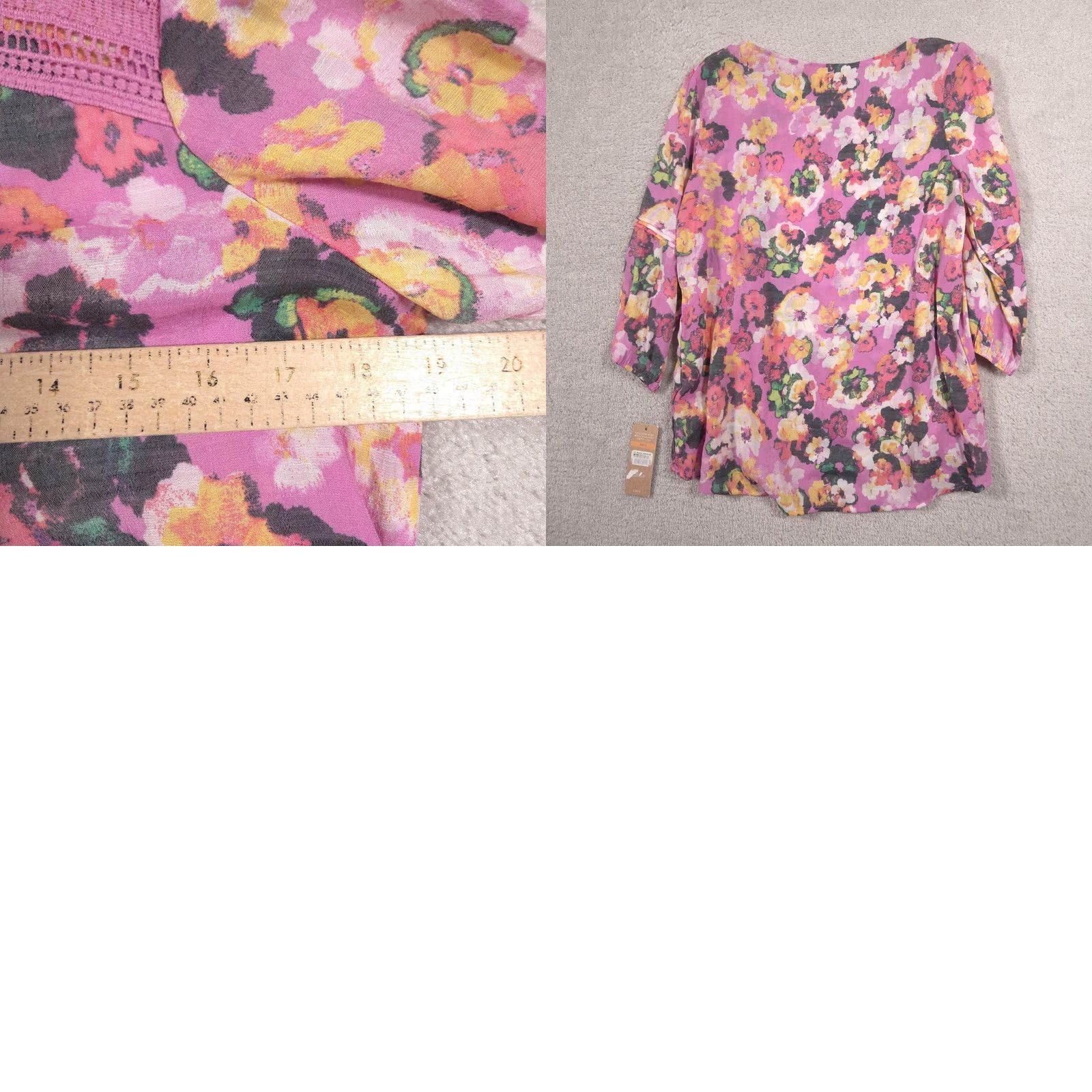 Hope Hope & Harlow Blouse Womens S Floral Crochet 3/4 Sleeve Tunic Top Sheer Pink Multicolor Floral Size S / US 4 / IT 40 - 9 Thumbnail