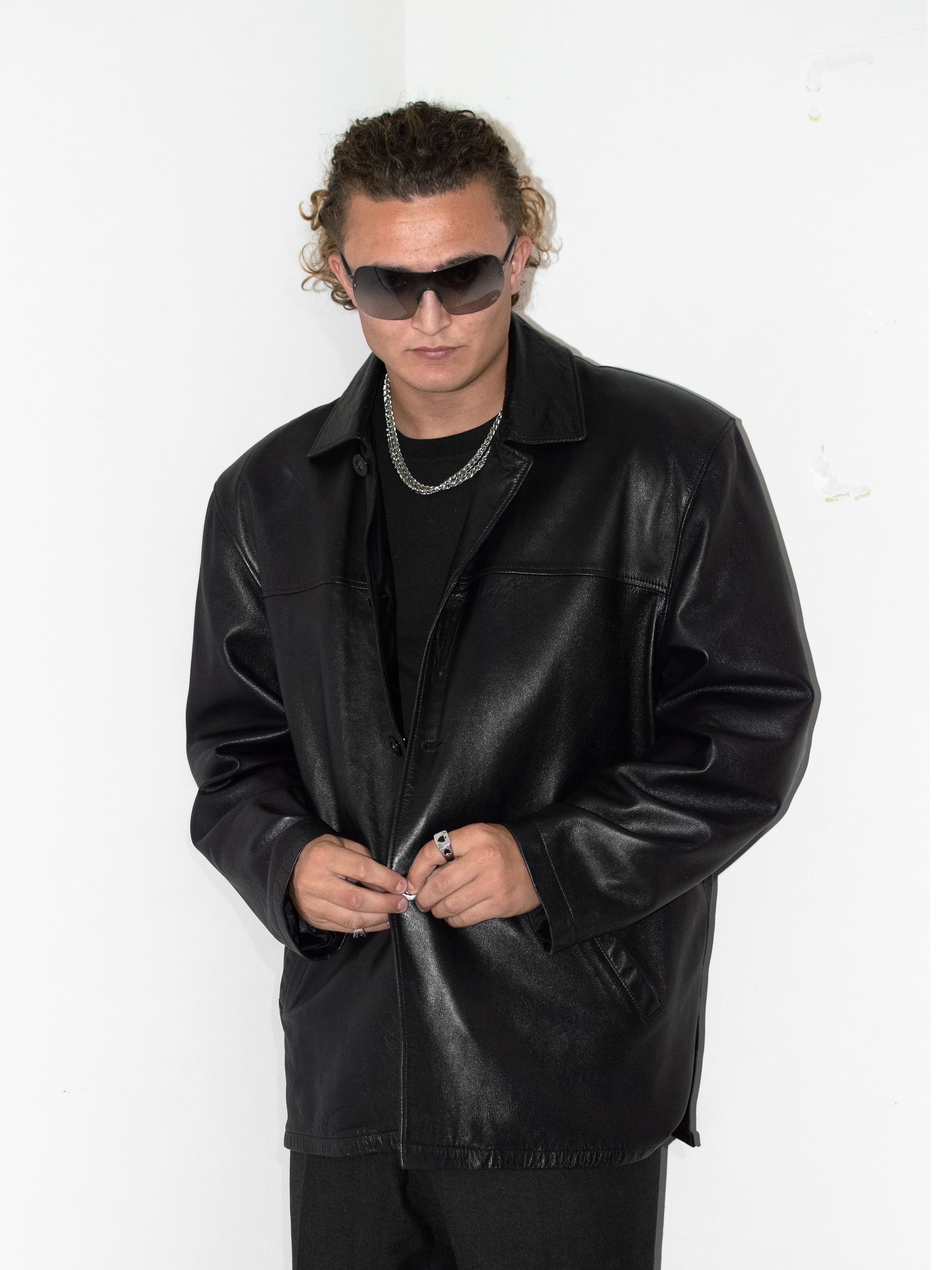 Designer × Vintage 90s black Leather lined Loose fit blazer coat Size US L / EU 52-54 / 3 - 5 Thumbnail