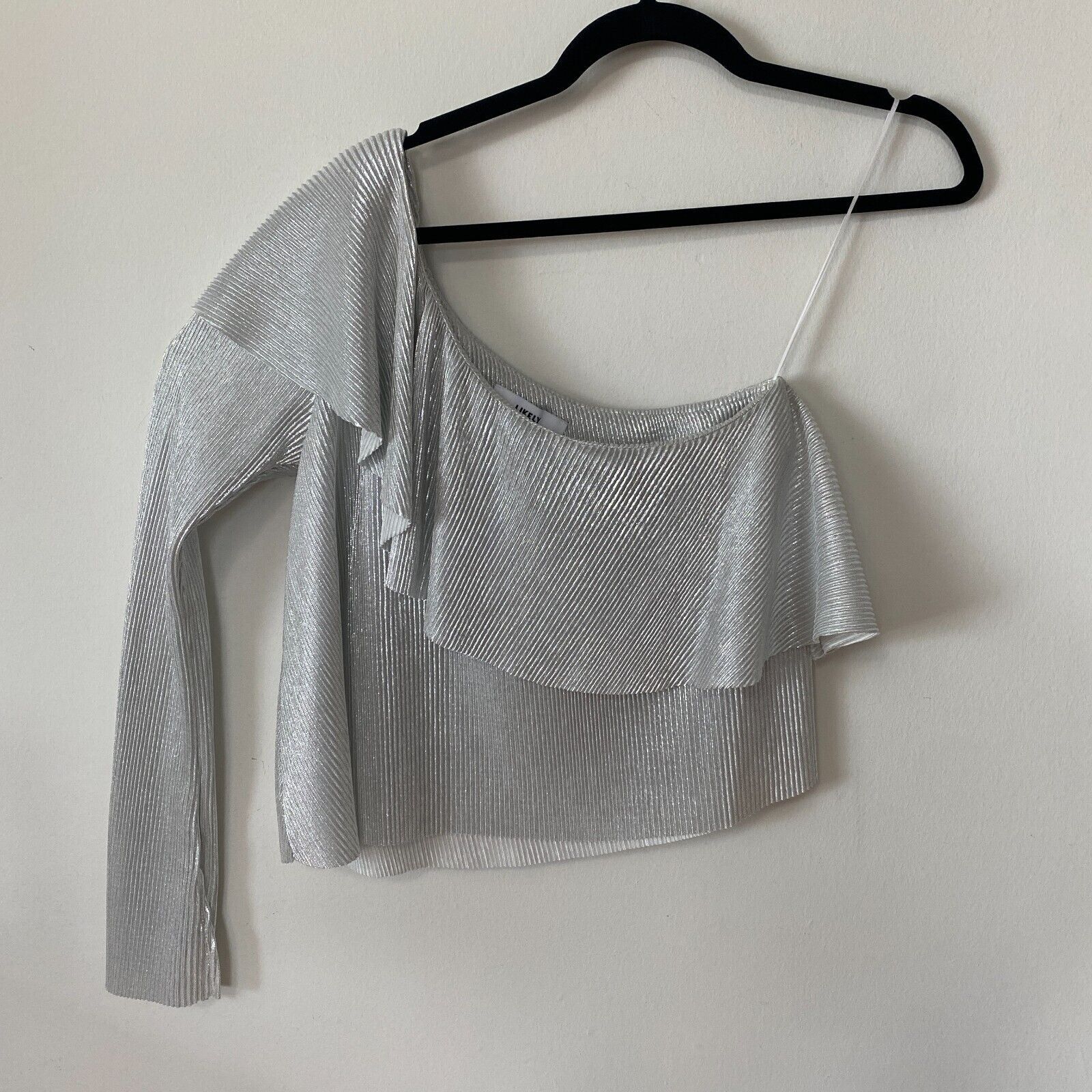 LIKELY Silver Striped Ribbed One Shoulder One Sleeve Ruffle Top S Size S / US 4 / IT 40 - 8 Thumbnail
