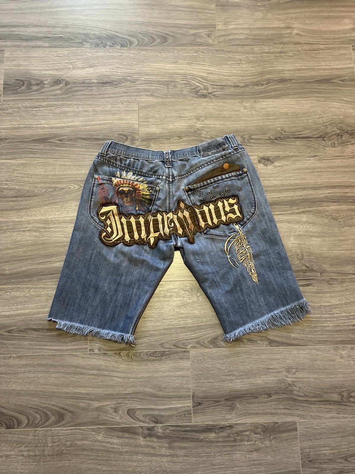 Vintage Crazy Y2K Imperious Skull spell out Ed hardy style Jorts | Grailed