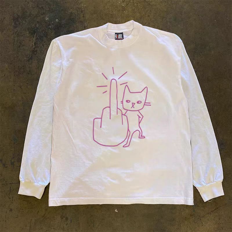 Vintage White casual retro fun cat print long-sleeved t-shirt Size US M / EU 48-50 / 2 - 1 Thumbnail