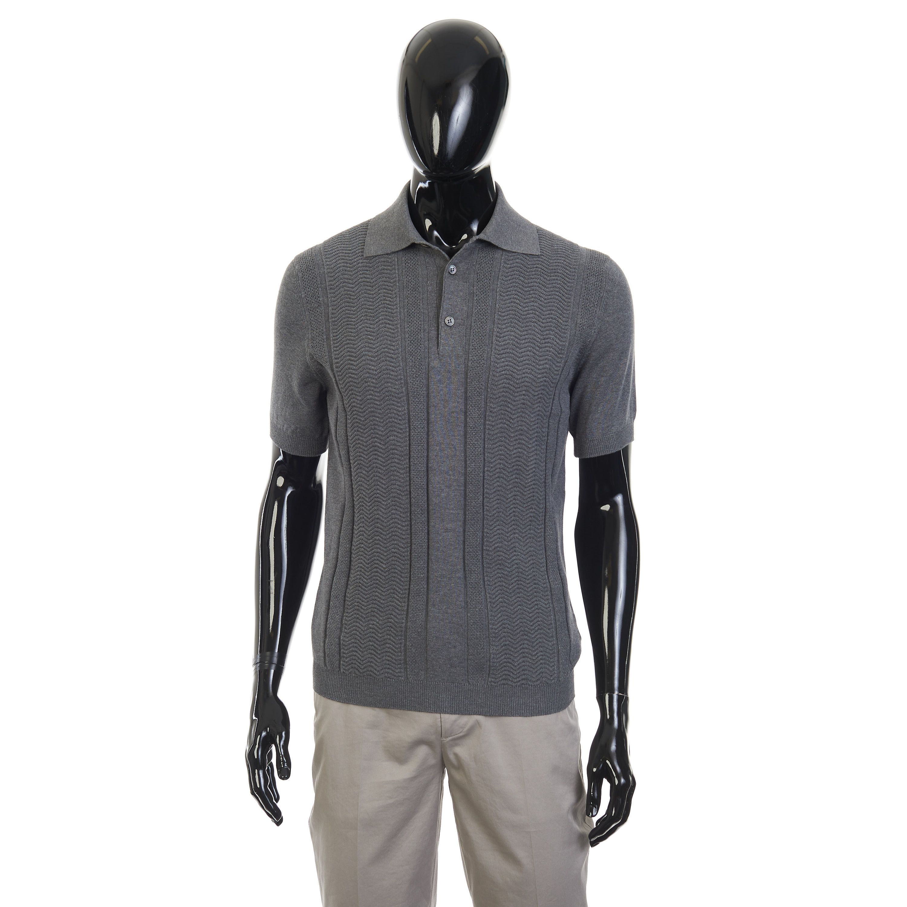 Brunello Cucinelli Gray Cotton Knit Polo With Jacquard Stripes Size US S / EU 44-46 / 1 - 9 Thumbnail