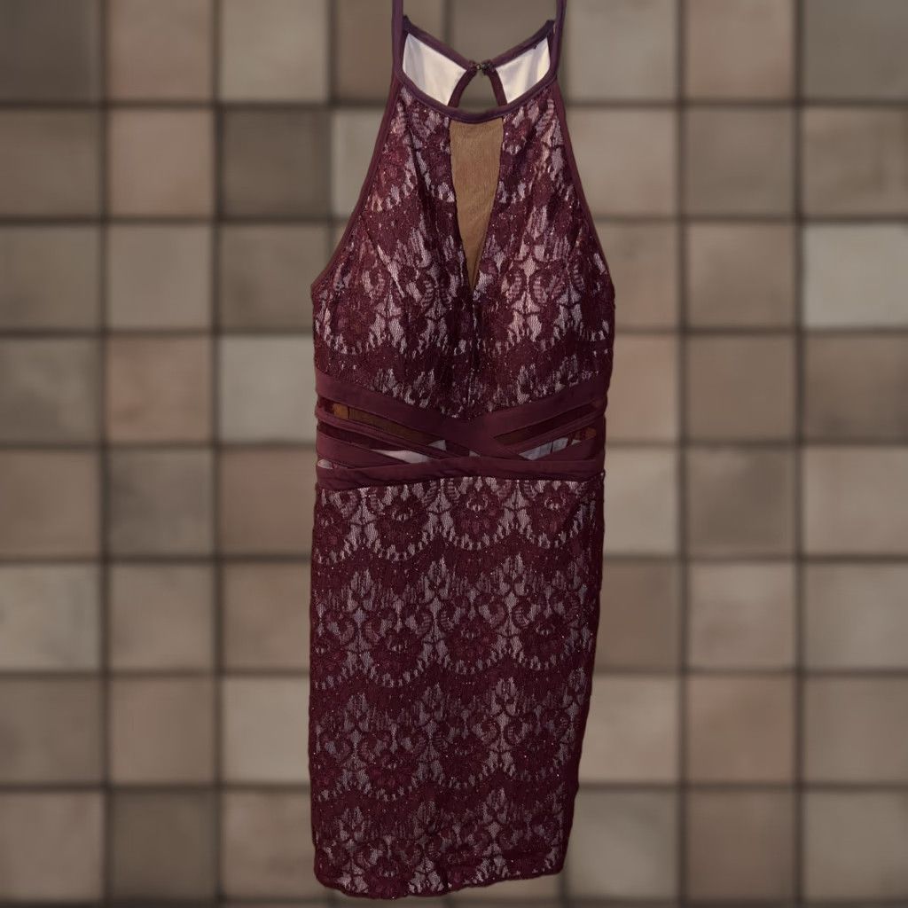Vintage VINTAGE City Studio Burgundy Lace Club Dress Size 3 Women Short Sleeveless Halter Party Mini Size XS / US 0-2 / IT 36-38 - 1 Thumbnail