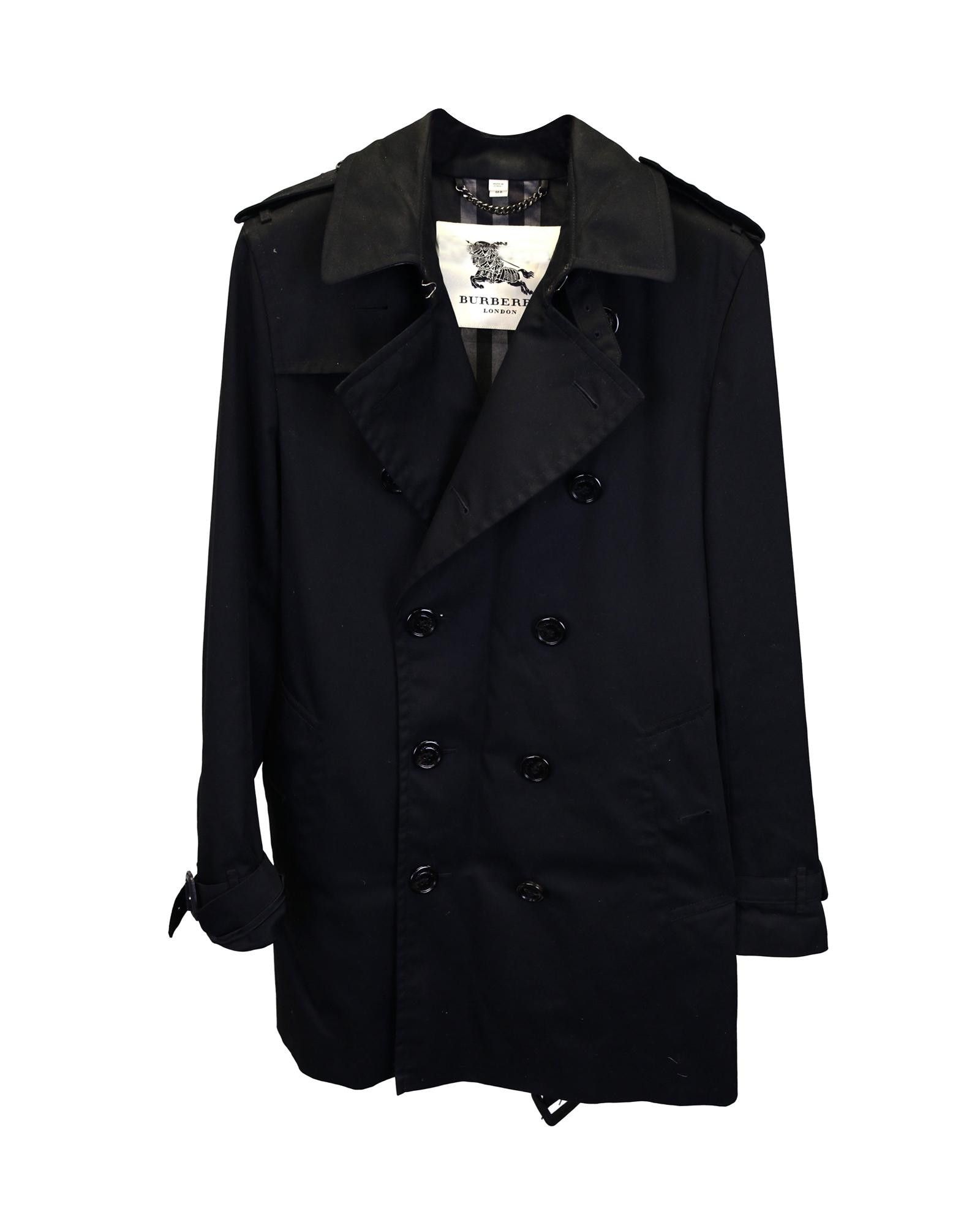 image of Burberry Sophisticated Double-Breasted Short Trench Coat In Black Polyester Cotton (Size Small)