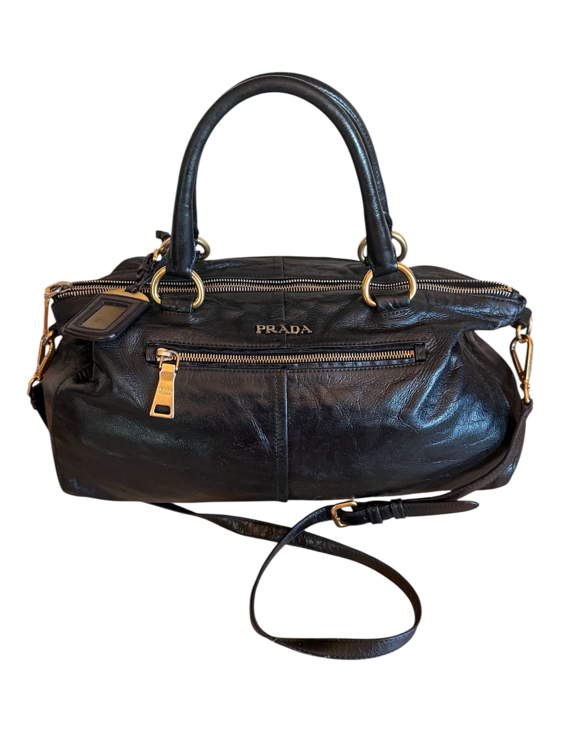 Prada Black Leather Bowler Bag Y2K Vintage Crossbody, Women's