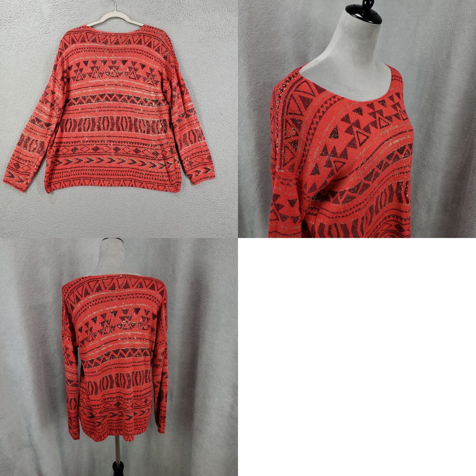 Vintage Angie Womens Sweater Pullover Knit Long Sleeve Boat Neck Red Coral Geometric Bohemian Western Knit Regular M Size M / US 6-8 / IT 42-44 - 8 Thumbnail