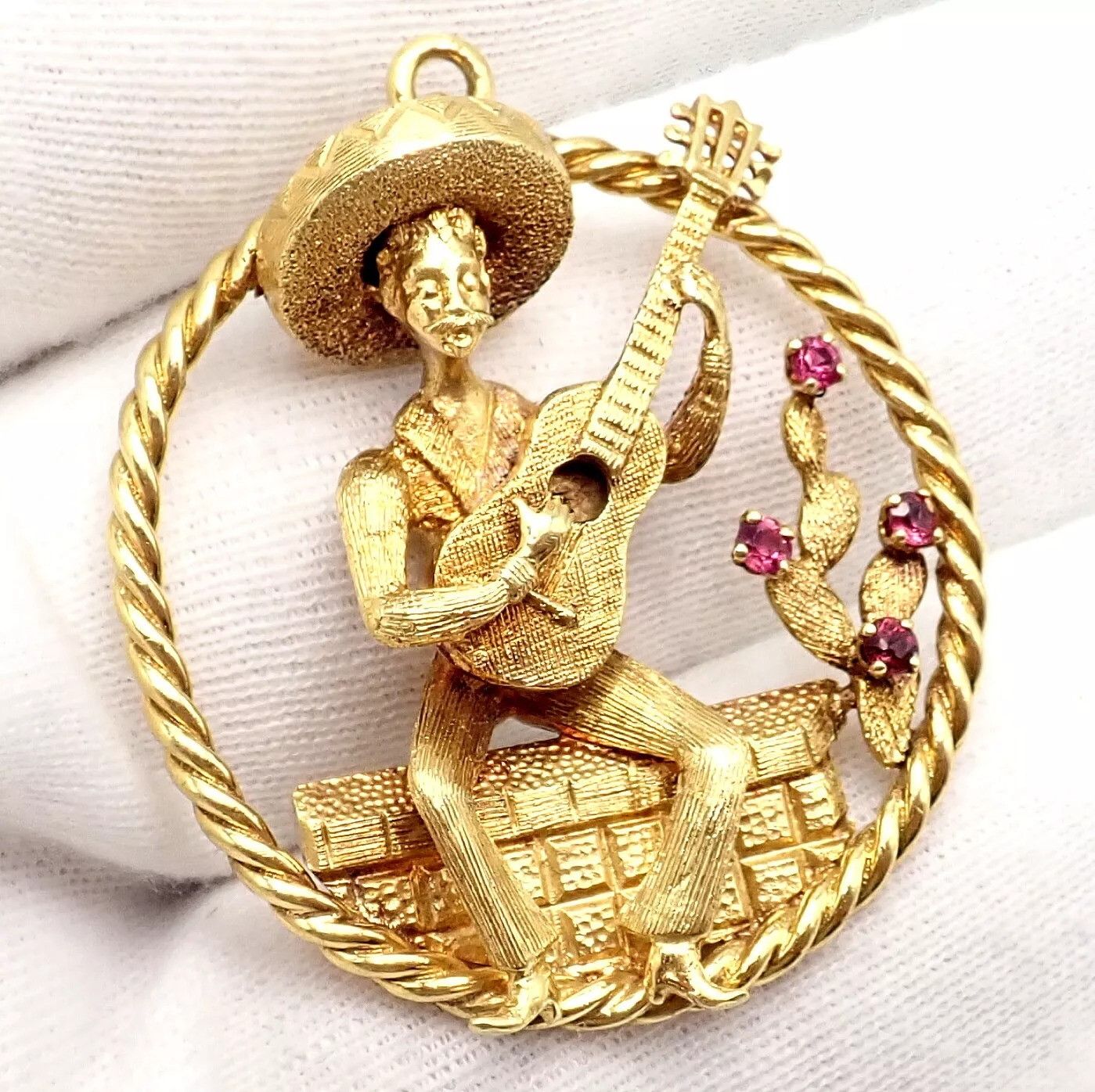 Vintage Rudi Cherny Yellow Gold Guitar Player Cactus Ruby Pendant Size ONE SIZE - 6 Thumbnail