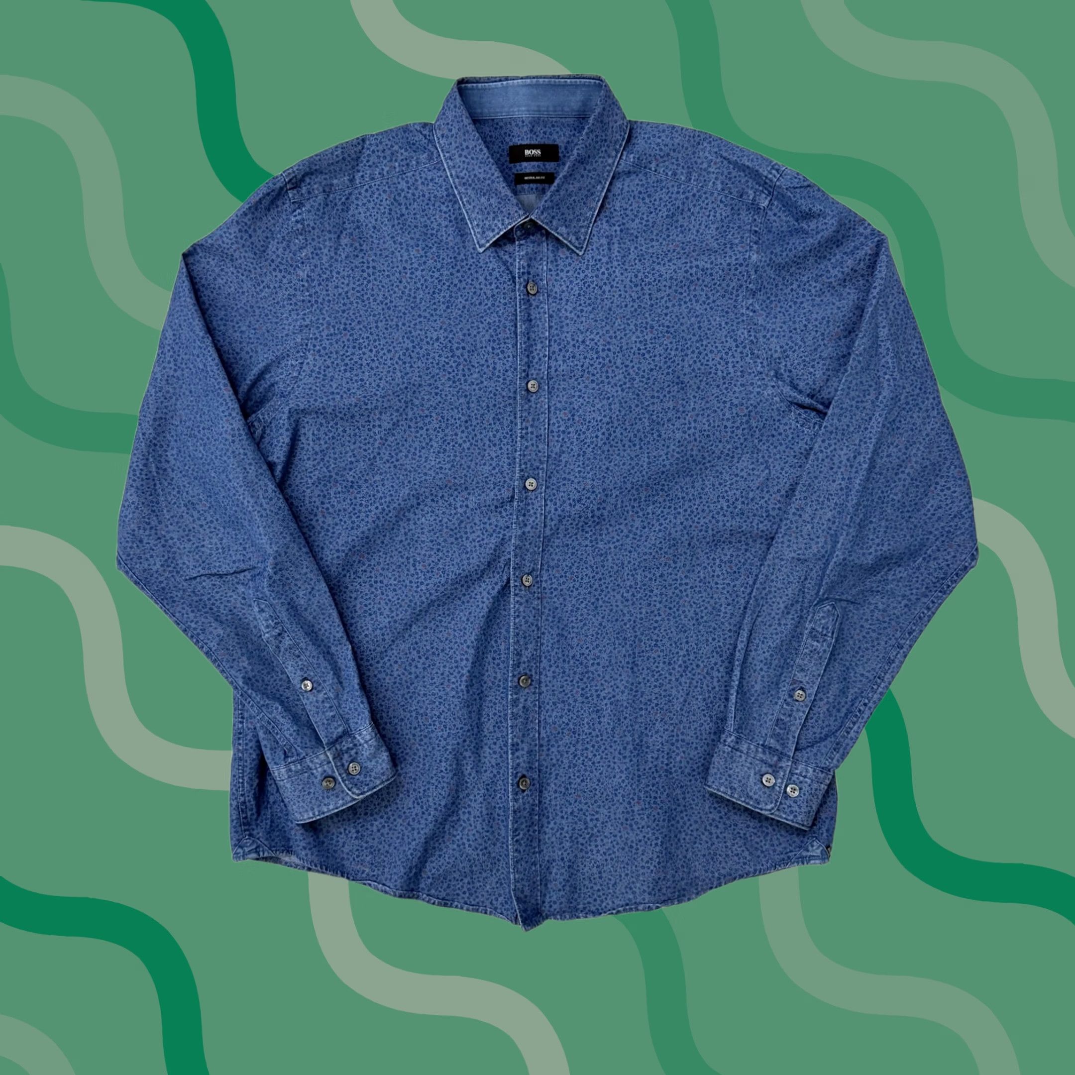 Hugo Boss VINTAGE None Hugo Boss Shirt Mens XL Blue Floral Chambray Regular Fit Button Up Size US XL / EU 56 / 4 - 1 Thumbnail