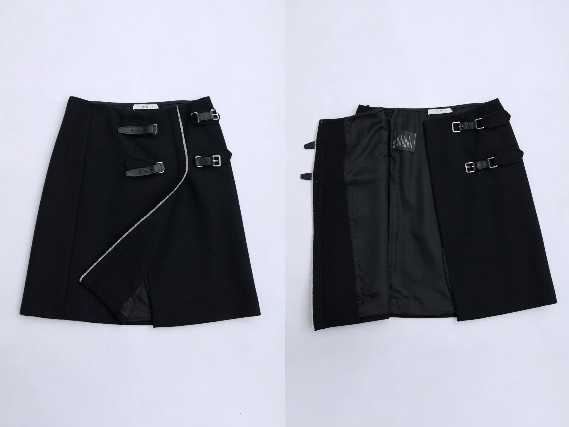 Prada Prada 00s Black Wool Double Belt Buckle A-Line Skirt Size 27" / US 4 / IT 40 - 8 Thumbnail
